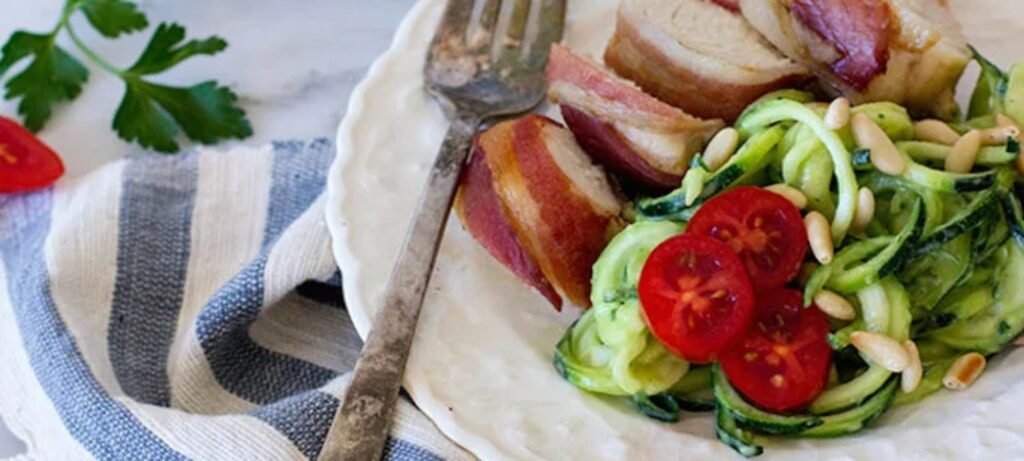 whole30 bacon wrapped chicken avocado zoodles